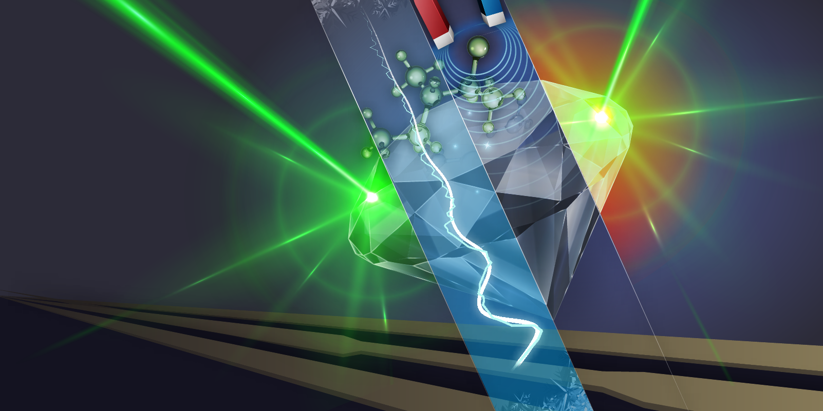 A sketch capturing all the elements used in our lab: diamond, optical excitation, photoluminescence, microwave waveguide manipulation, cryogenics and quantum pulse sequences